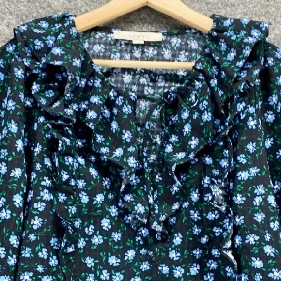 Loft Blouse Women S Small Black Floral V-Neck Tasseled Long Sleeve Pullover - Picture 3 of 7